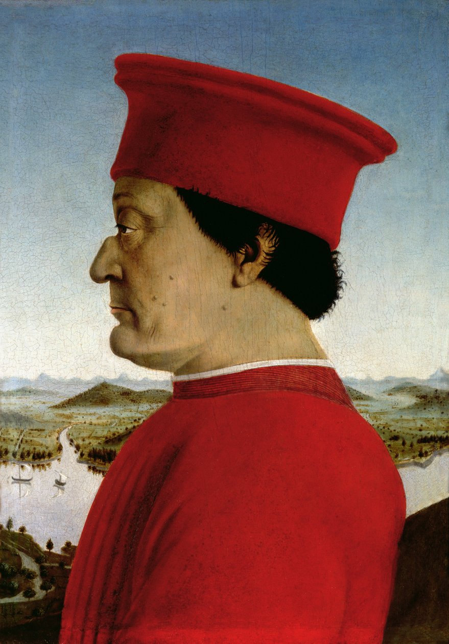 Federigo da Montefeltro (1422-82) Duque de Urbino, c.1465 (têmpera no painel) (para reverso ver 69441-42) (detalhe de 95420) de Piero della Francesca