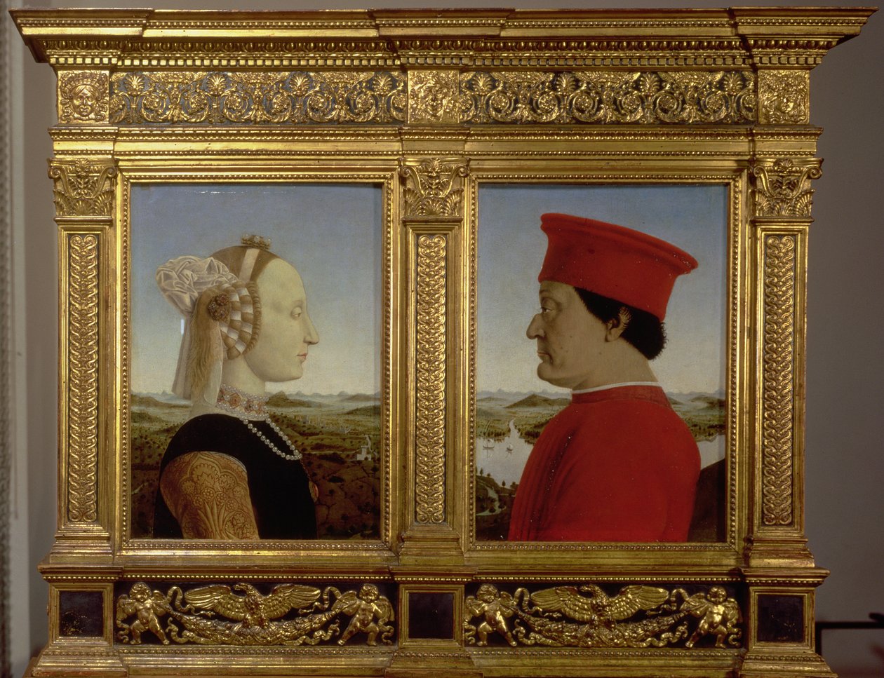 Retratos do duque Federico da Montefeltro (1422-82) e Battista Sforza, c.1465 (têmpera no painel) de Piero della Francesca