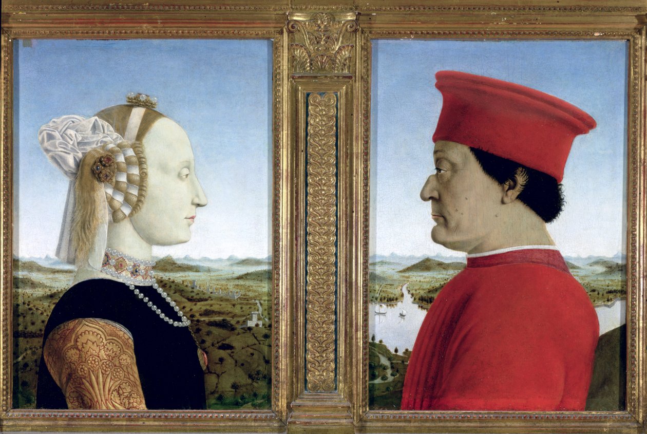 Retratos do duque Federico da Montefeltro (1422-82) e Battista Sforza, c.1465 (têmpera no painel) (ver também 95420) de Piero della Francesca