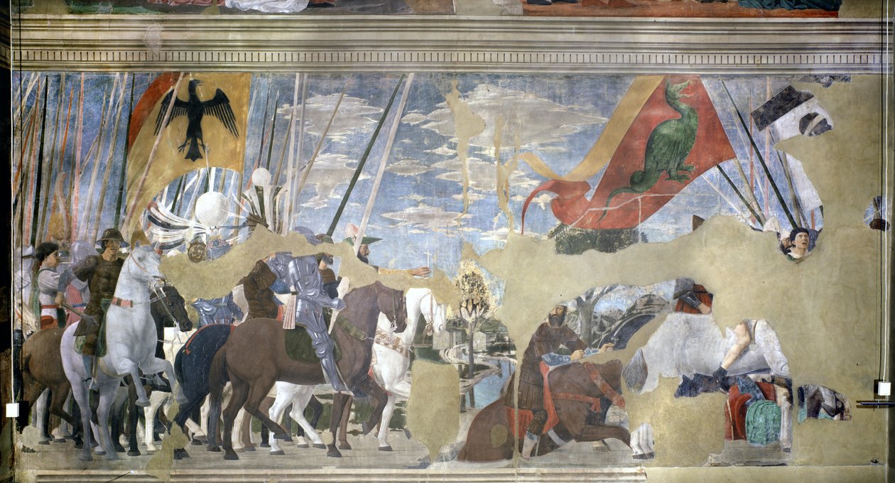 A Batalha da Ponte Milviana, 312 dC, da Lenda da Verdadeira Cruz, completou 1464 de Piero della Francesca