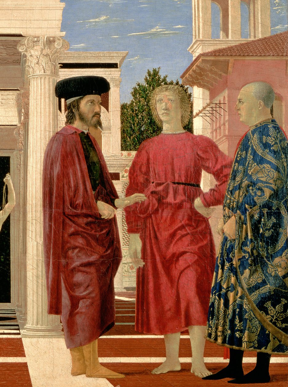 A flagelação de Cristo detalhe das três figuras em primeiro plano c. 1459 óleo e têmpera no painel de Piero della Francesca