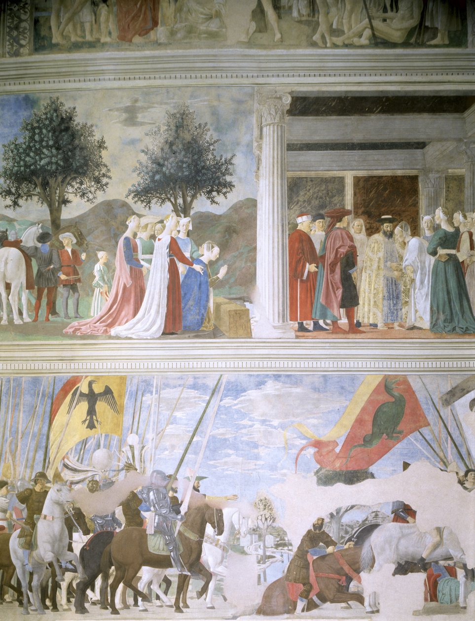 A Rainha de Sabá Adorando a Madeira da Verdadeira Cruz, A Recepção da Rainha de Sabá pelo Rei Salomão (c.1015-977) e A Batalha da Ponte Milviana, do ciclo Lenda da Verdadeira Cruz, c de Piero della Francesca