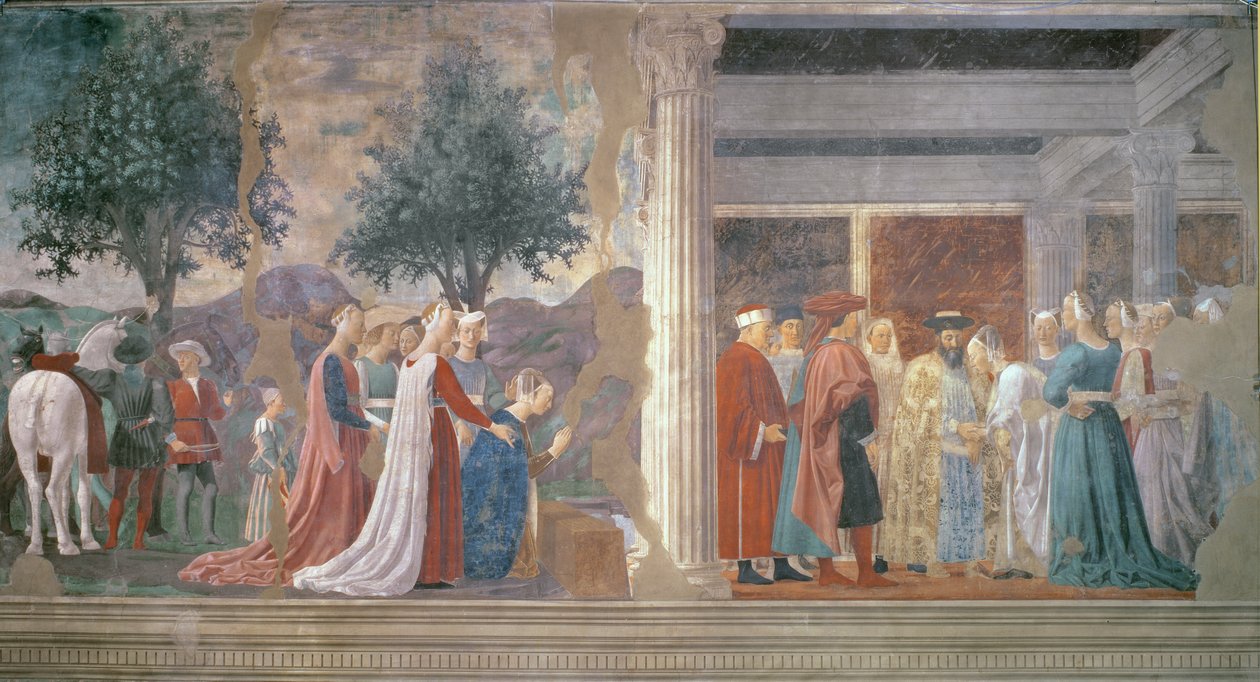 A Rainha de Sabá Adorando a Madeira da Verdadeira Cruz e a Recepção da Rainha de Sabá pelo Rei Salomão (c.1015-977) do ciclo Lenda da Verdadeira Cruz, concluída em 1464 de Piero della Francesca