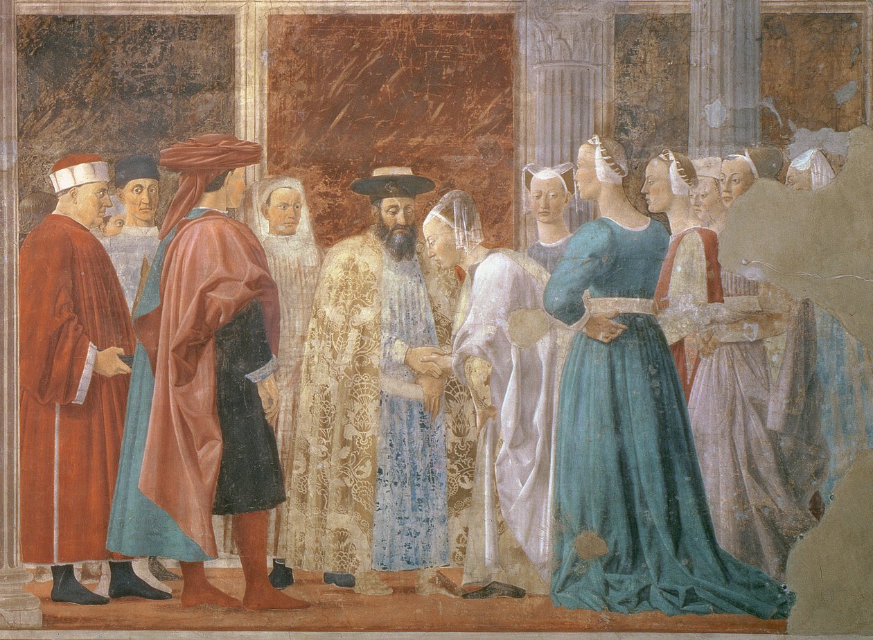 A Recepção da Rainha de Sabá pelo Rei Salomão c.1015-977 do ciclo Lenda da Verdadeira Cruz completou 1464 detalhes em afresco de 109786 de Piero della Francesca