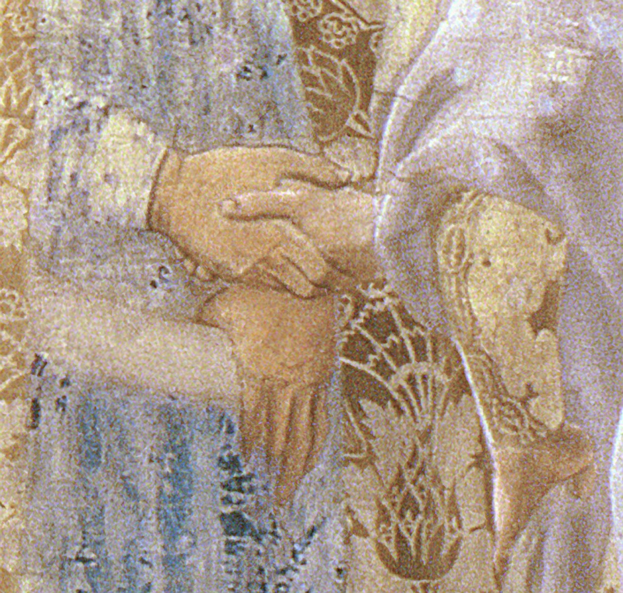A Recepção da Rainha de Sabá pelo Rei Salomão c.1015-977 do ciclo Lenda da Verdadeira Cruz, detalhe das mãos, completou 1464 detalhes em afresco de 109786 de Piero della Francesca