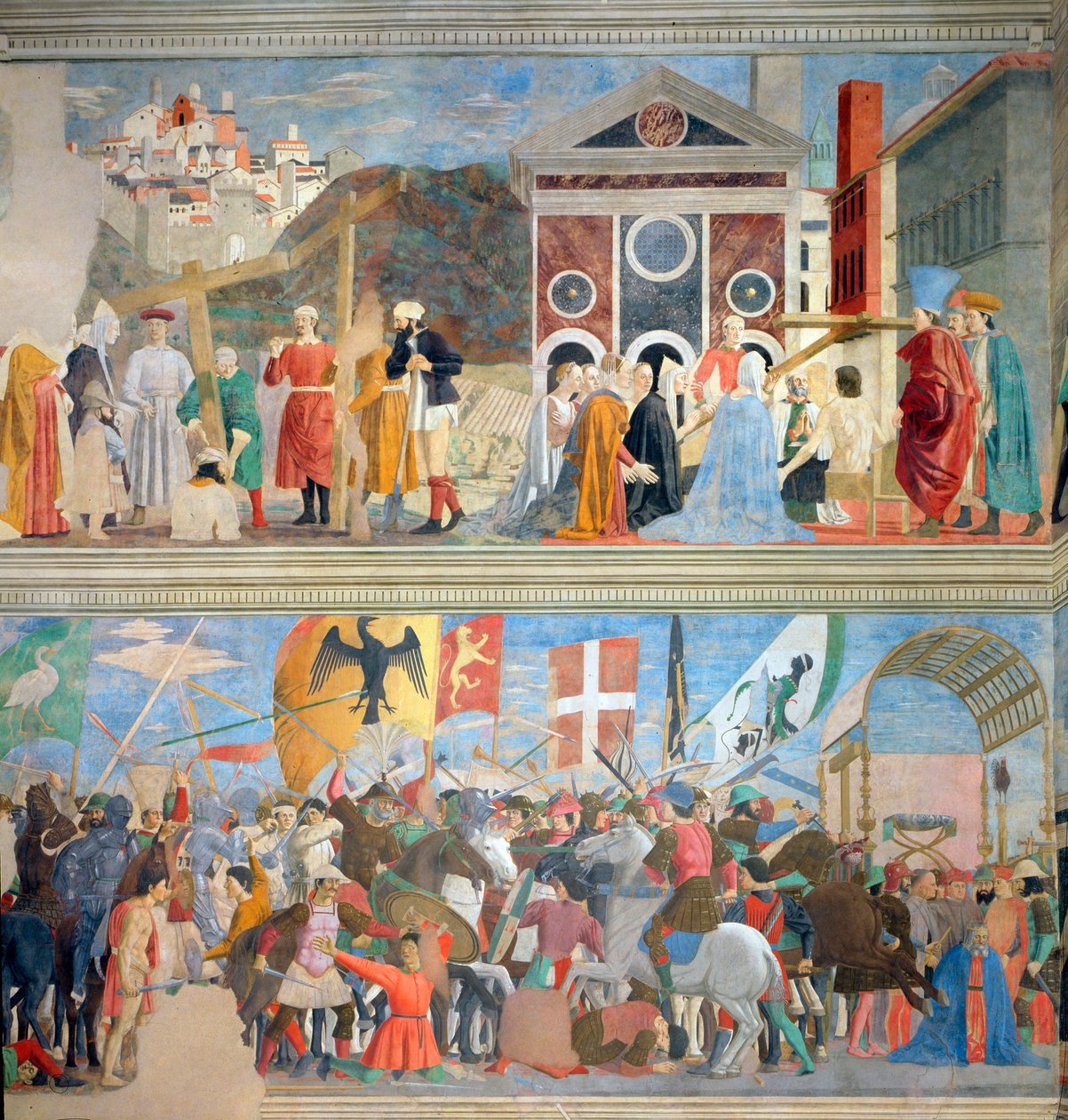 A Verificação da Verdadeira Cruz, A Vitória de Heráclio e a Execução de Chosroes em 628 dC, do ciclo Lenda da Verdadeira Cruz, completou 1464 (pós-restauração) de Piero della Francesca