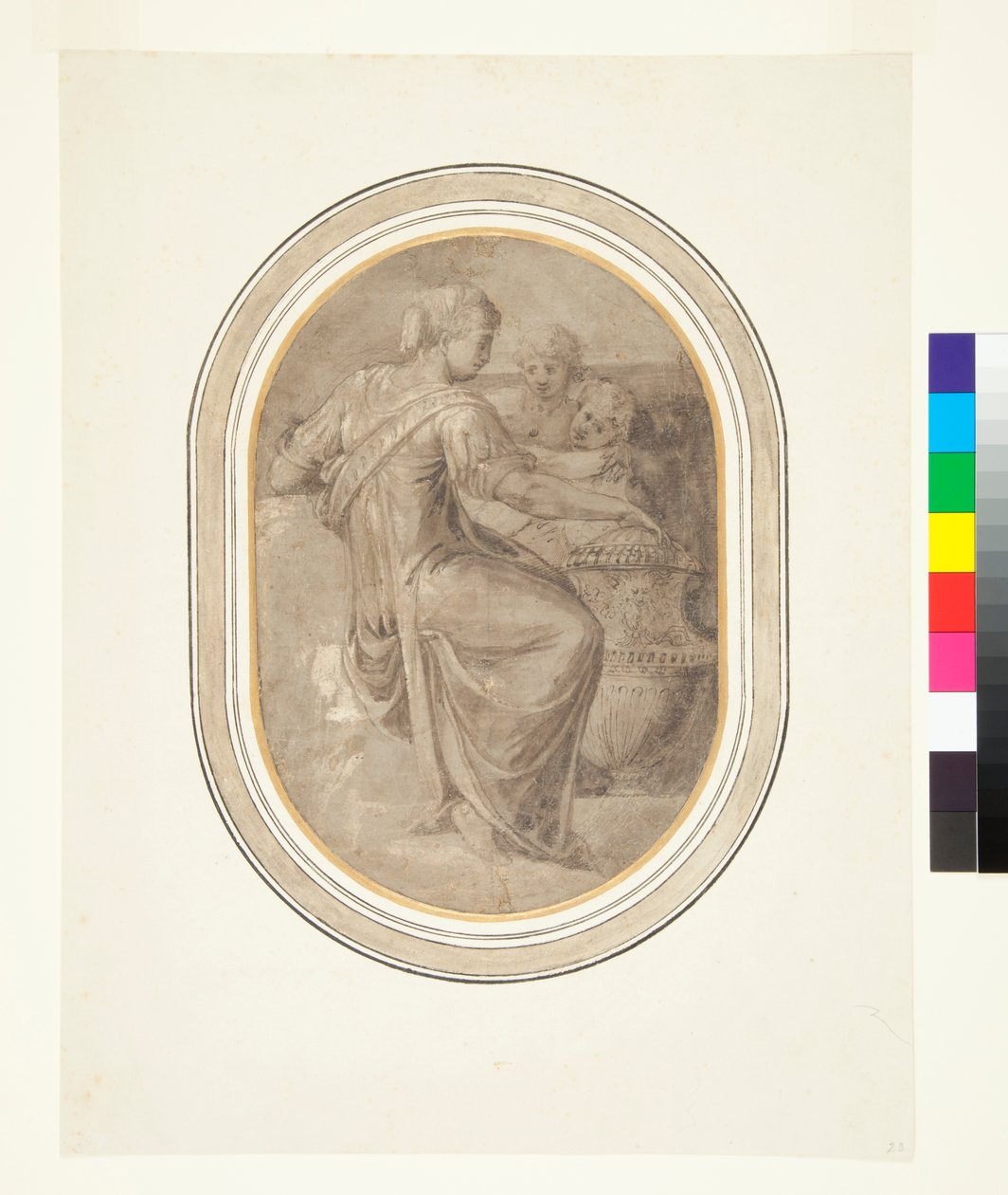 Uma Sibila com um Vaso e Dois Putti, c.1540s (Desenho a pincel em tons de marrom com alguns bordados realçados com branco em um fundo cinza) de Piero (attr. to) Ligorio