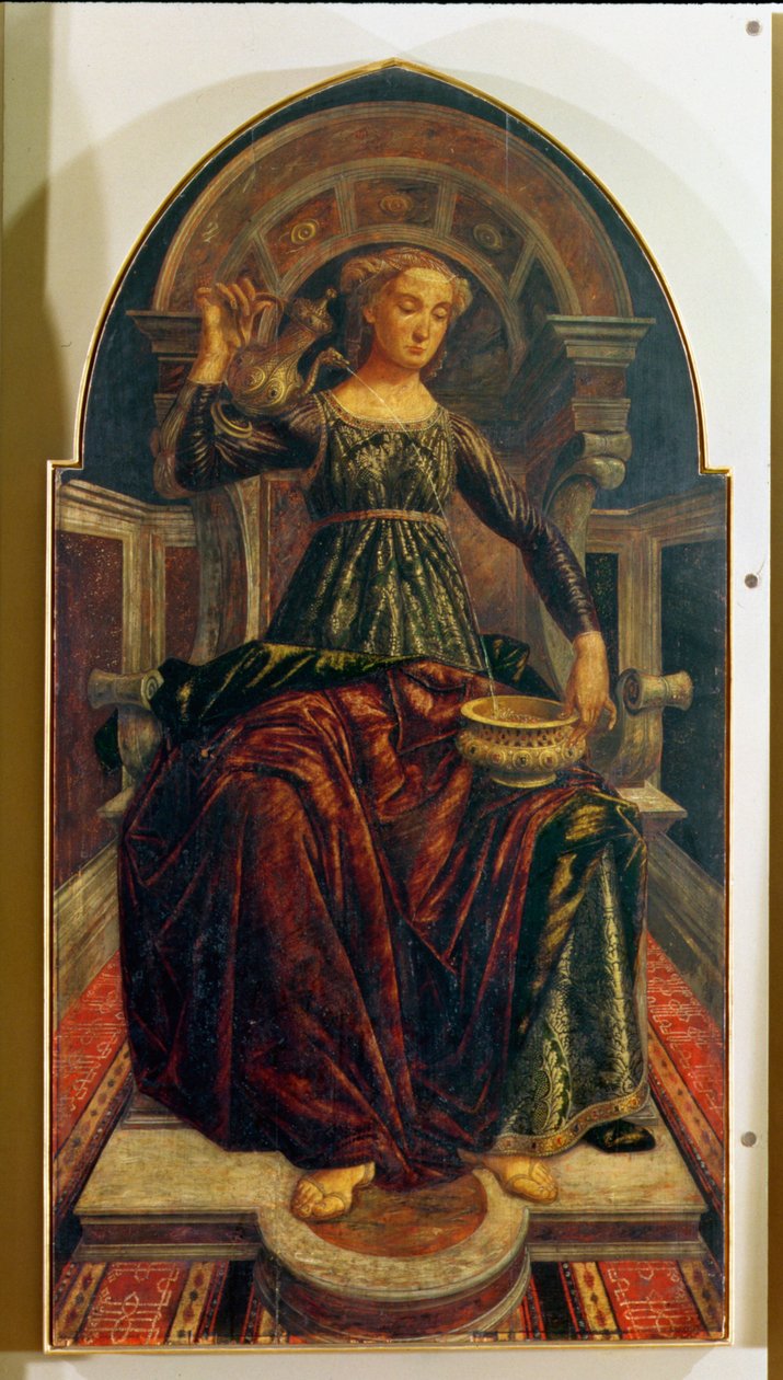 Temperance, de uma série de painéis representando as Virtudes projetadas para a Câmara do Conselho do Guild Hall do Mercador, 1469 (têmpera no painel) de Piero del Pollaiolo