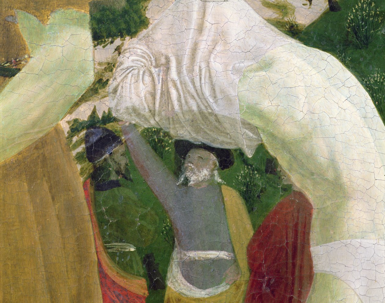 Batismo de Cristo, detalhe da seção da mão direita retratando um homem se preparando para o batismo de Piero della Francesca