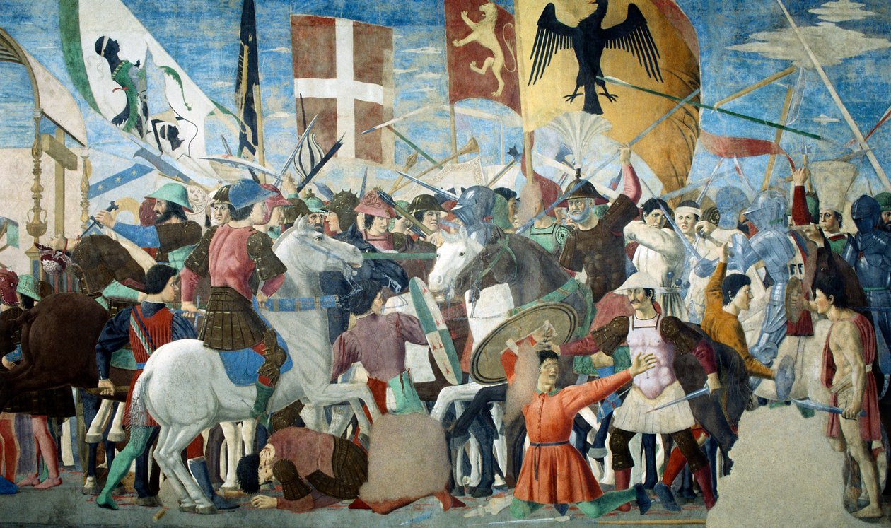 Detalhe de A Lenda da Verdadeira Cruz mostrando a batalha de Heraclius I de Bizâncio contra o Chosroes II, de Piero della Francesca de Piero della Francesca