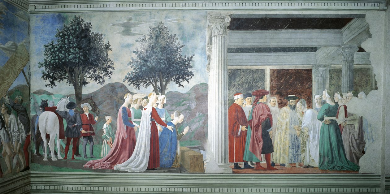 Detalhe da Lenda da Verdadeira Cruz mostrando adoração à Madeira Sagrada e encontro da Rainha de Sabá e do Rei Salomão, por Piero della Francesca de Piero della Francesca