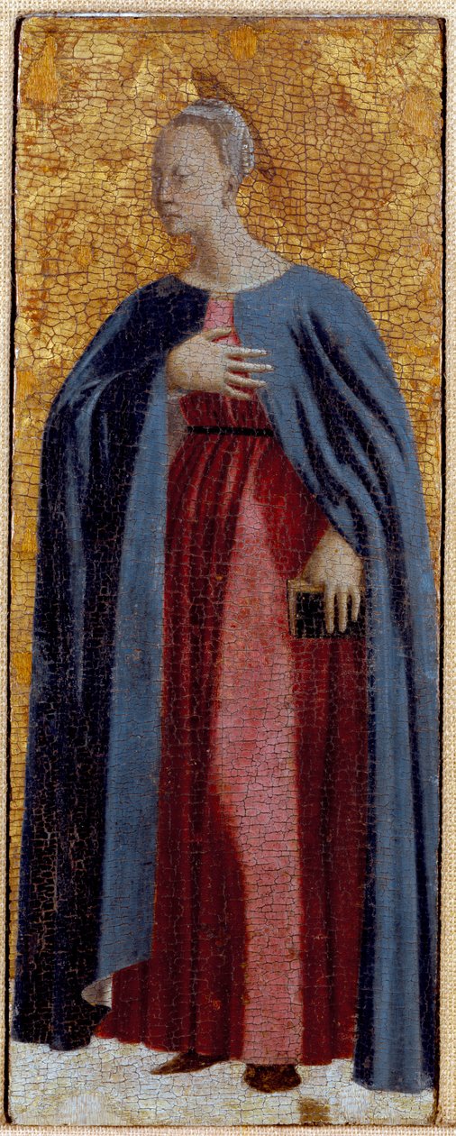 Políptica de Misericórdia: a Virgem de Misericórdia, rodeada de santos. Detalhe representando a Virgem da Anunciação. Pintura sobre madeira de Piero della Francesca (1415/20-1492) 1445-1460 Dim. 54x21 cm Sansepolcro, Pinacoteca Comunale de Piero della Francesca