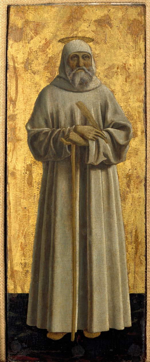Políptica de Misericórdia: a Virgem de Misericórdia, rodeada de santos. Detalhe representando São Bento de Nursie. Pintura sobre madeira de Piero della Francesca (1415/20-1492) 1445-1460 Dim. 54x21 cm Sansepolcro, Pinacoteca Comunale de Piero della Francesca