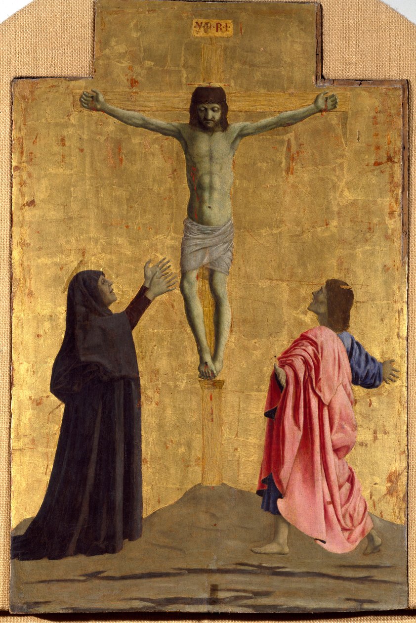 Políptica de Misericórdia: a Virgem de Misericórdia, rodeada de santos. Detalhe da crucificação com a inscrição "INRI" na cruz Pintura de madeira de Piero della Francesca (1415/20-1492) 1445-1460 Dim. 81x52,5 cm Sansepolcro, Pinacoteca C de Piero della Francesca