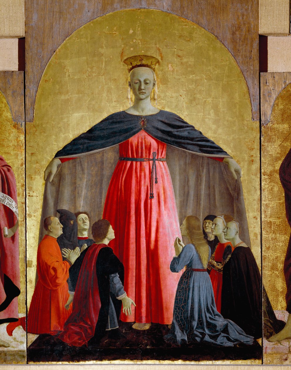 Políptica de Misericórdia: a Virgem de Misericórdia, rodeada de santos. Detalhe representando a Virgem Maria. Pintura sobre madeira de Piero della Francesca (1415/20-1492) 1445-1460 Dim. 134x91 cm Sansepolcro, Pinacoteca Comunale de Piero della Francesca
