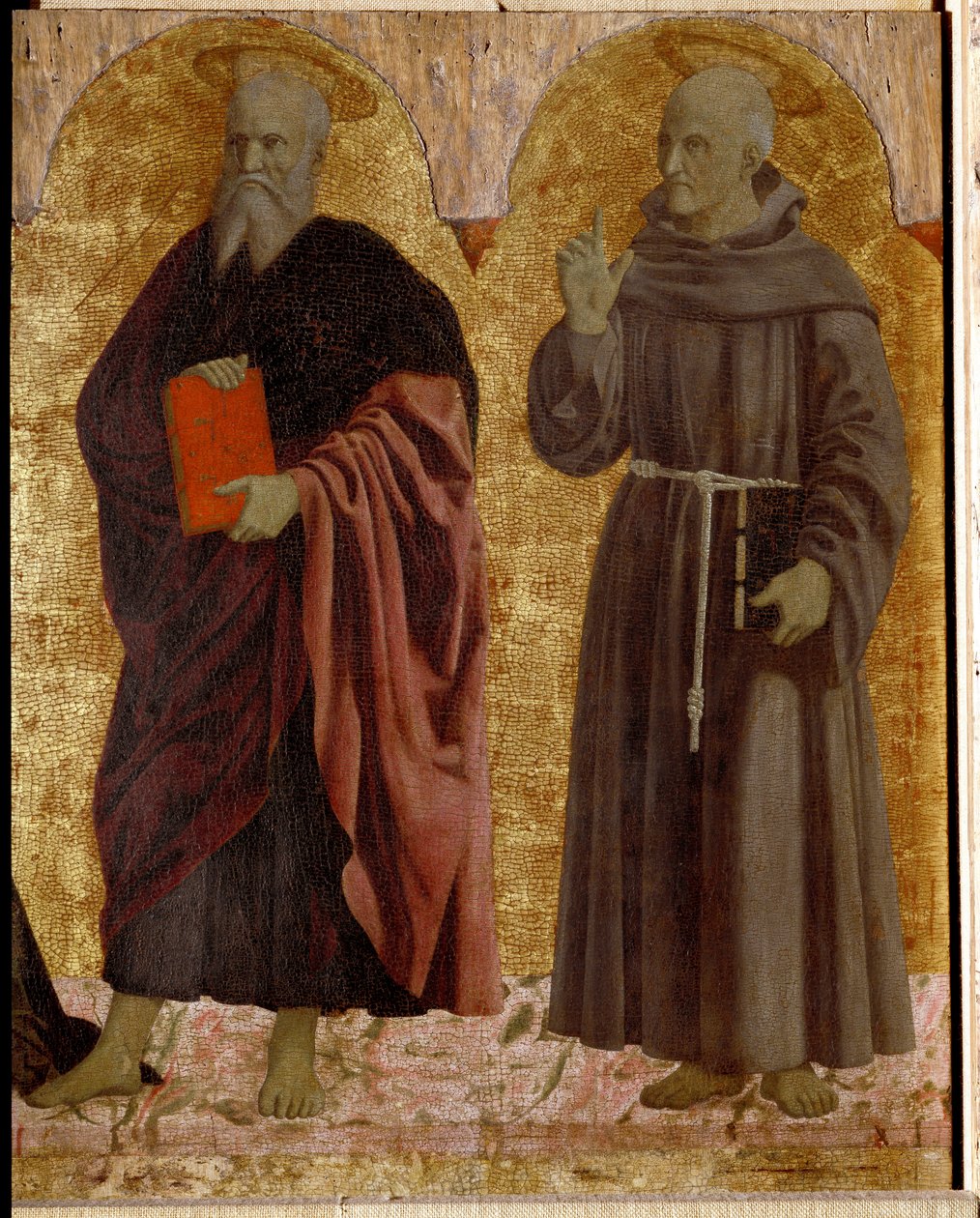 Políptica de Misericórdia: a Virgem de Misericórdia, rodeada de santos. Detalhe de Santo André e São Bernardino de Siena (Bernardino da Siena ou Bernardino degli Albizzeschi). de Piero della Francesca