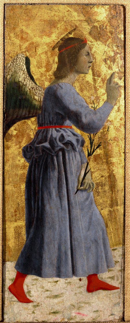 Políptica de Misericórdia: a Virgem de Misericórdia, rodeada de santos. Detalhe representando o anjo da Anunciação. Pintura sobre madeira de Piero della Francesca (1415/20-1492) 1445-1460 Dim. 55x20 cm Sansepolcro, Pinacoteca Comunale de Piero della Francesca