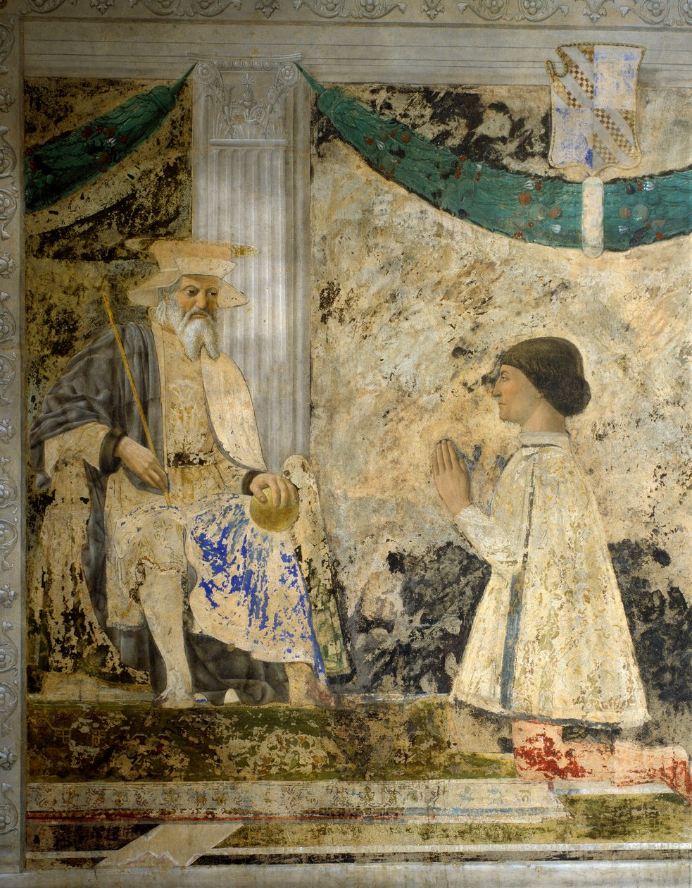 Retrato de Sigismondo (Sigismond) Pandolfo Malatesta (1417-1468) em oração diante de San Sigismondo (Sigismund). Fresco por Pietro di Benedetto dei Franceschi dit Piero della Francesca (1422-1492) de Piero della Francesca