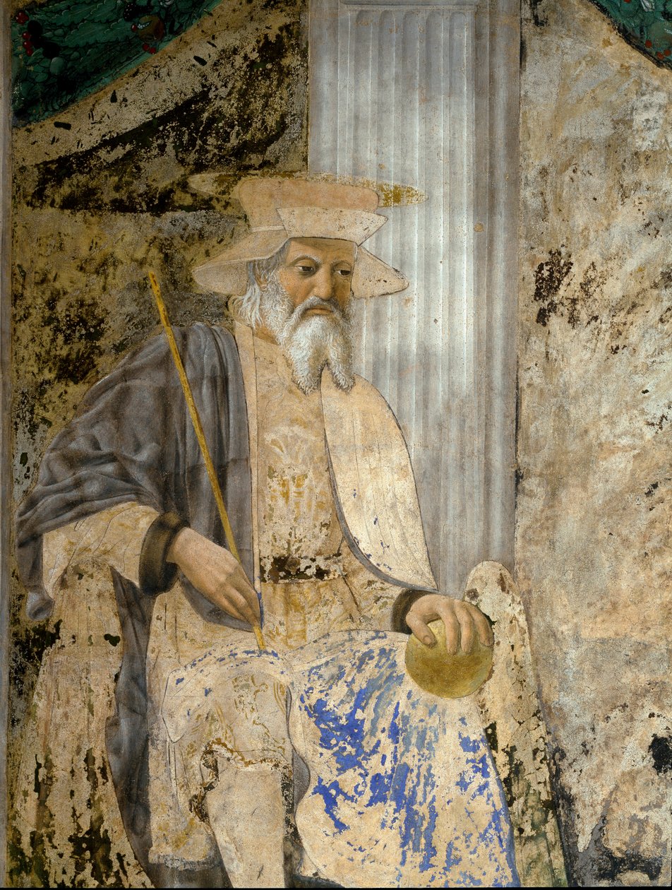Retrato de Sigismondo Pandolfo Malatesta (1417-1468) em oração diante de San Sigismondo (Sigismund). Detalhe do santo. Fresco de Pietro di Benedetto dei Franceschi, conhecido como Piero della Francesca (1422-1492). de Piero della Francesca