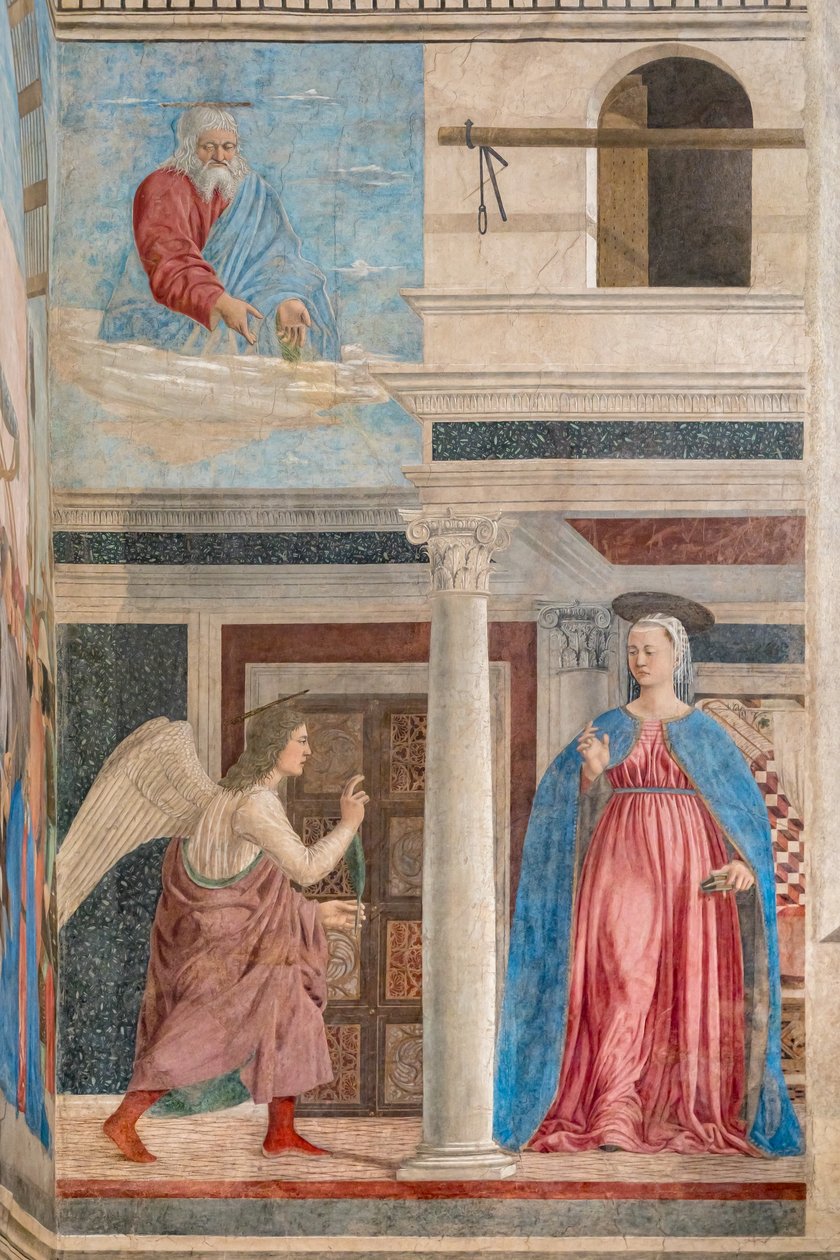 A Anunciação, pormenor das Histórias da Verdadeira Cruz (fresco) de Piero della Francesca