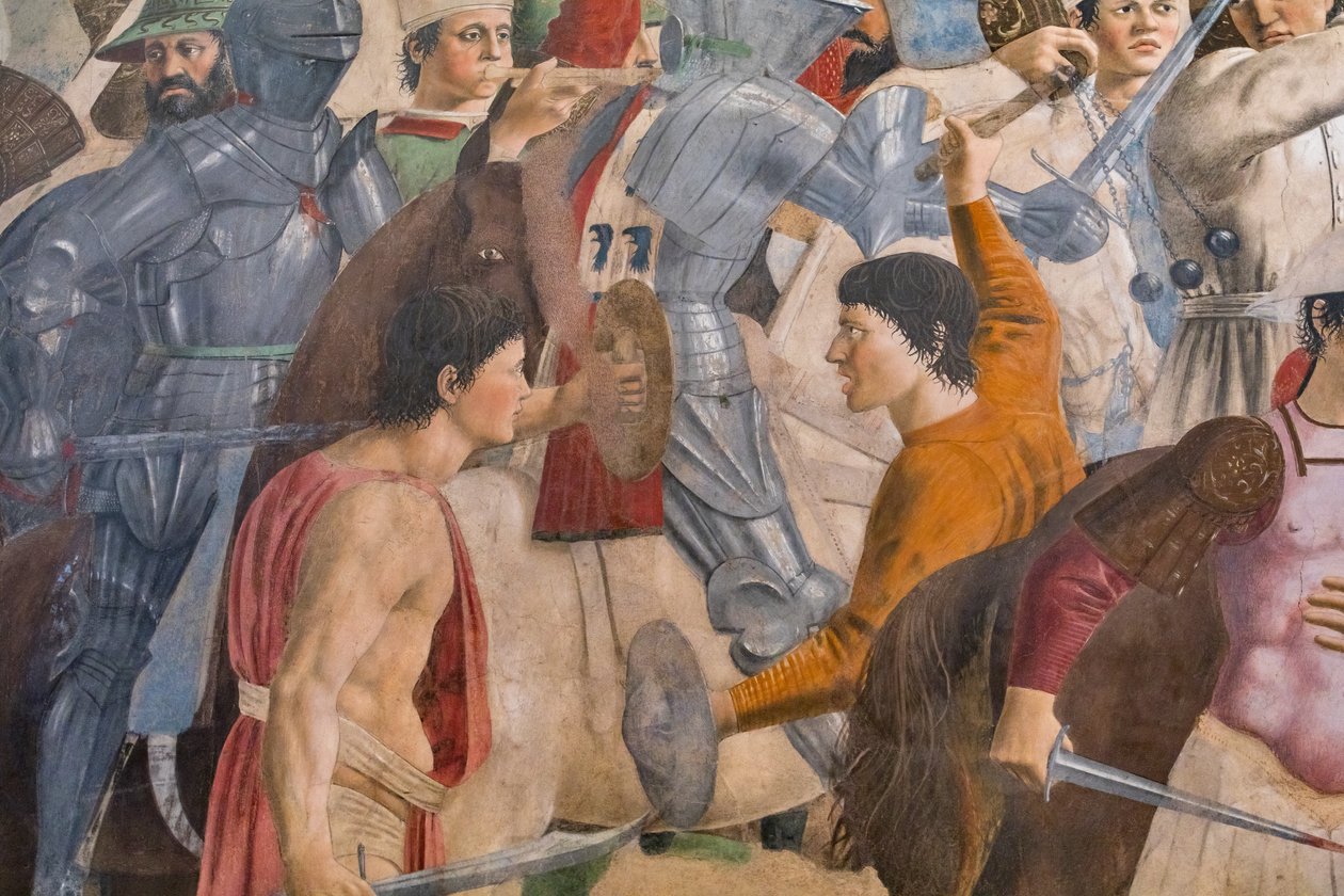 A batalha de Heráclio e Chosroes, pormenor das Histórias da Verdadeira Cruz: batalha com homens, espadas e armaduras (fresco) de Piero della Francesca