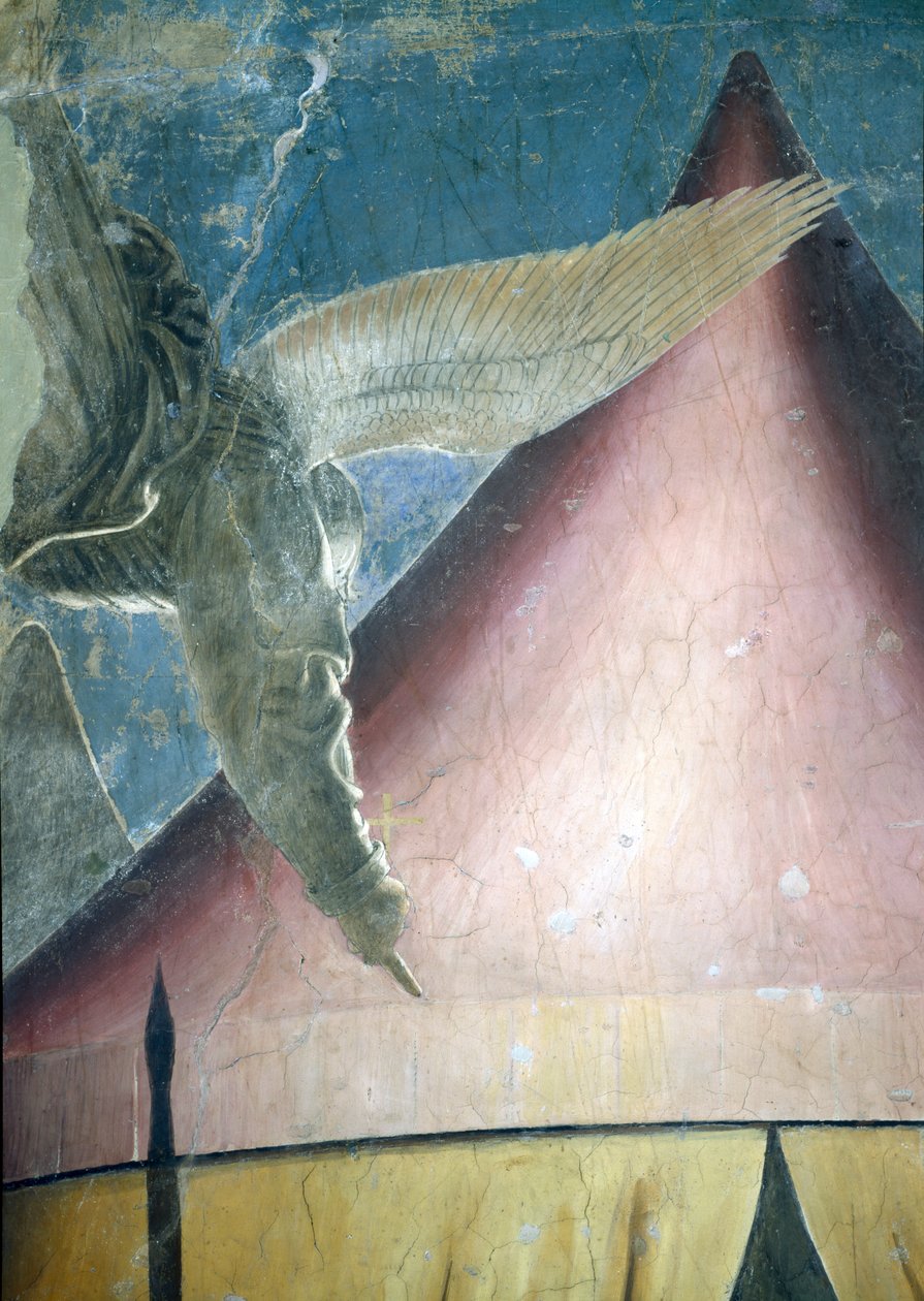 O Sonho de Constantino, detalhe do anjo, do Ciclo da Verdadeira Cruz, completou 1464 afrescos de Piero della Francesca