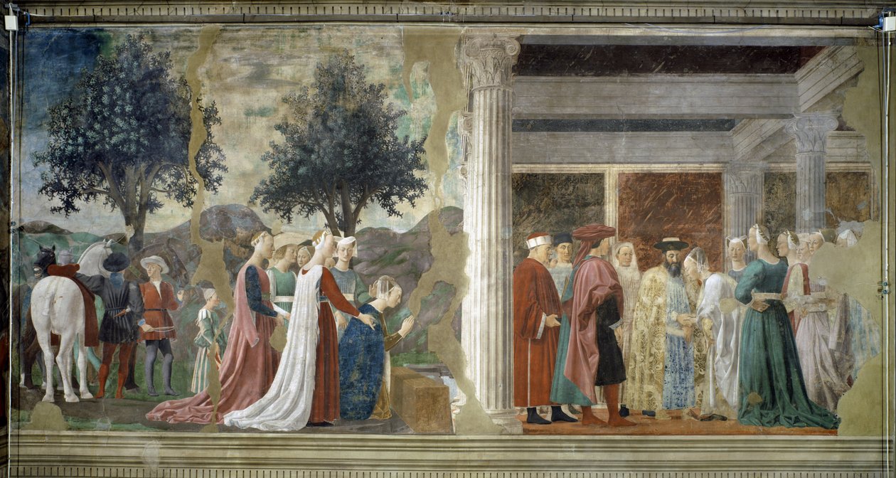 A Lenda da Verdadeira Cruz, detalhe da Adoração da Madeira Santa e o Encontro de Salomão e a Rainha de Sabá de Piero della Francesca