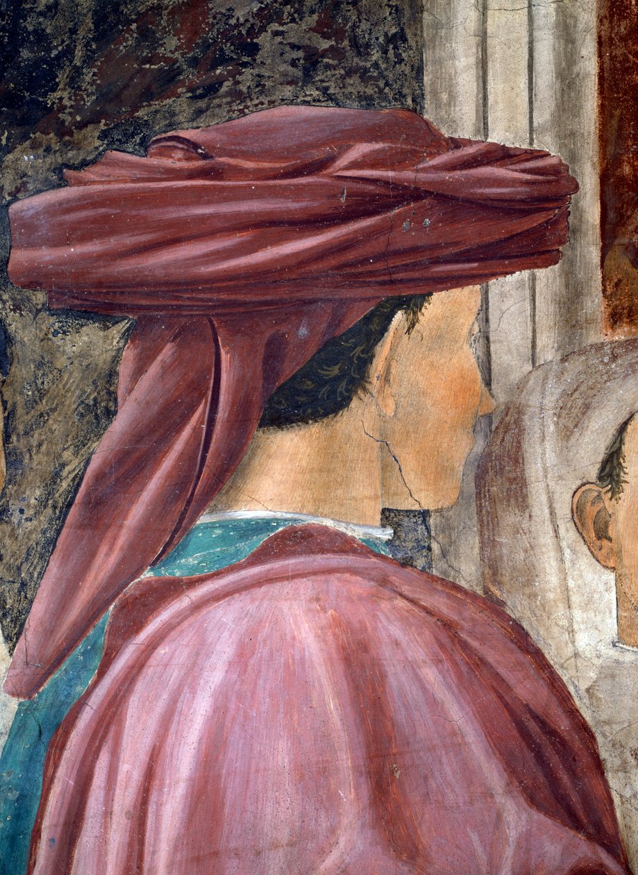 A lenda da cruz verdadeira, a adoração da madeira, detalhe do rei Salomão completou 1464 afrescos de Piero della Francesca