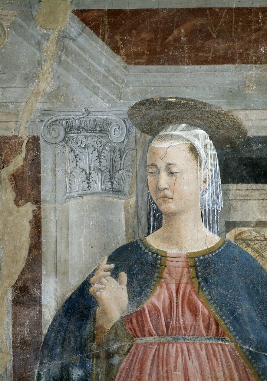 A Lenda da Verdadeira Cruz, a Anunciação, detalhe da Virgem, completou 1464 detalhes em afresco de 58292 de Piero della Francesca