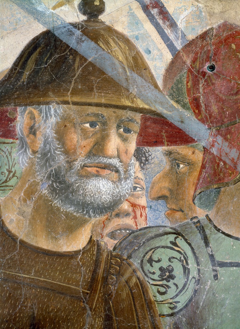A lenda da verdadeira cruz, a batalha de Heraclius e Chosroes, detalhe de um soldado barbudo, completou 1464 afrescos de Piero della Francesca
