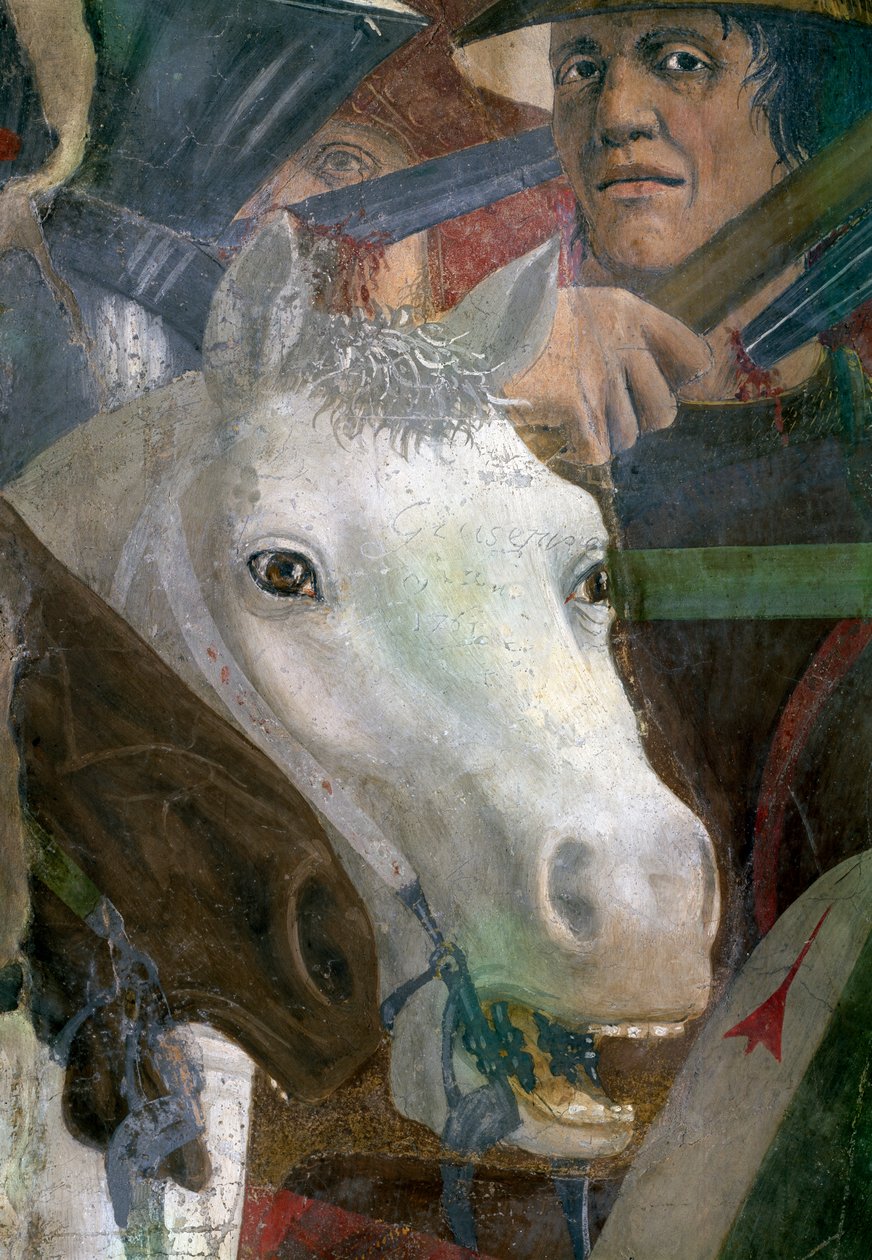 A lenda da verdadeira cruz, a batalha de Heraclius e Chosroes, detalhe de um cavalo e um soldado, completou 1464 afrescos de Piero della Francesca