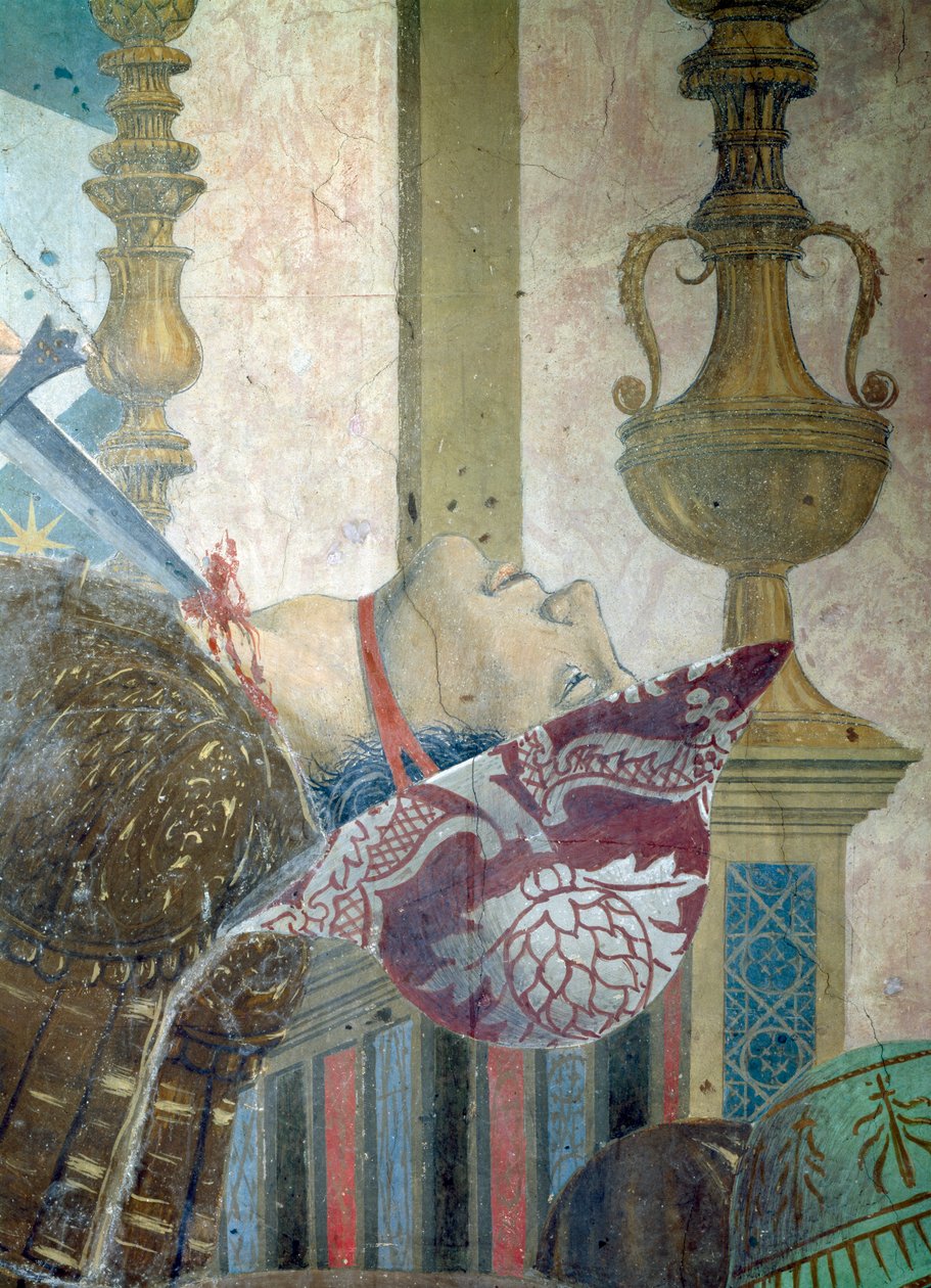 A lenda da verdadeira cruz, a batalha de Heraclius e Chosroes, detalhe de um homem tendo sua garganta cortada, completou 1464 afrescos de Piero della Francesca