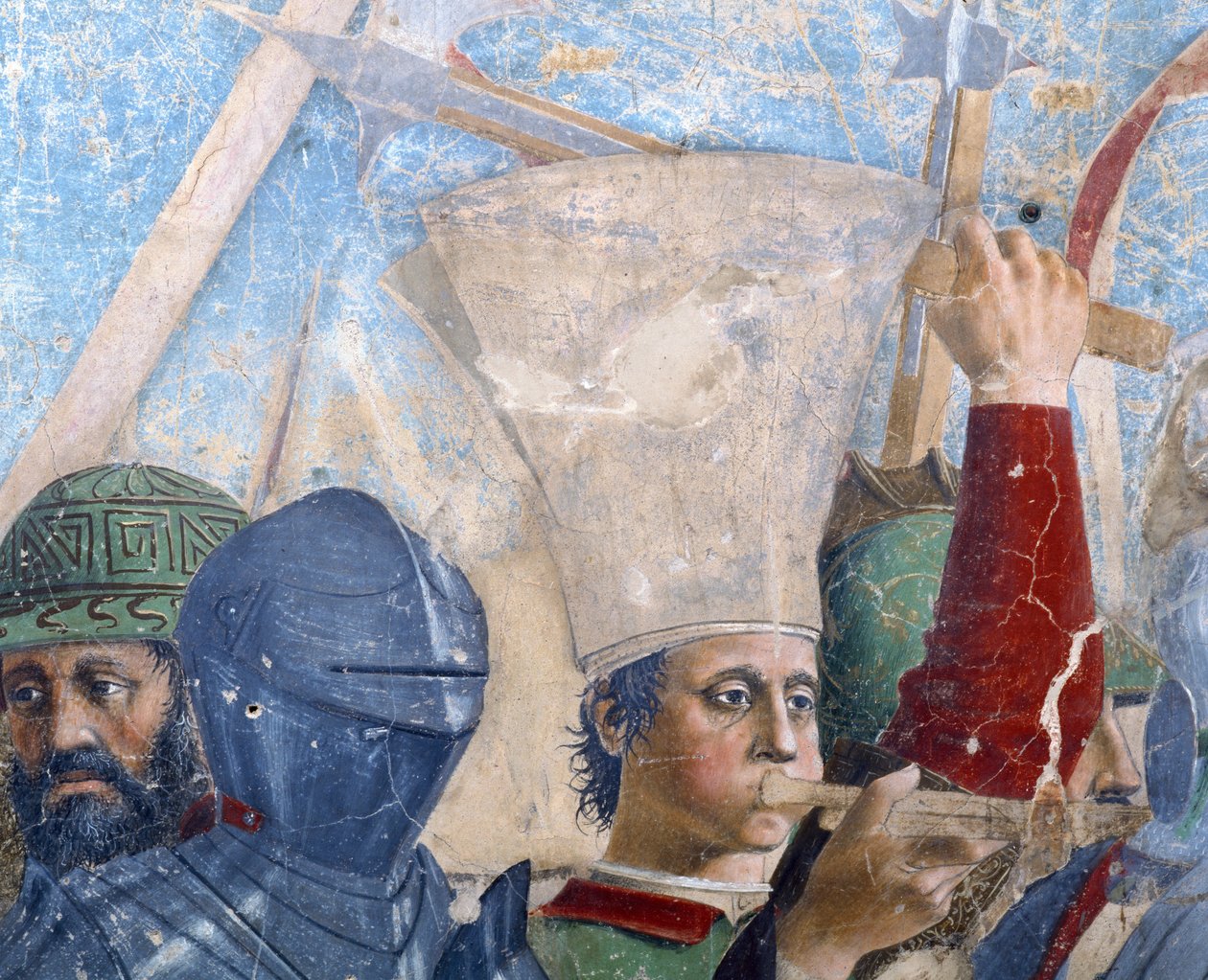 A lenda da verdadeira cruz, a batalha de Heraclius e Chosroes, detalhe de um trompetista, completou 1464 afrescos de Piero della Francesca