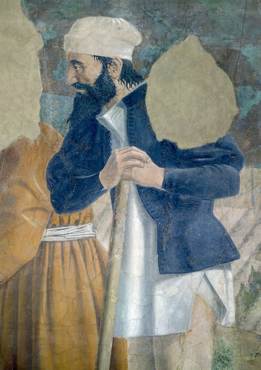 A Lenda da Verdadeira Cruz, a Descoberta da Cruz, detalhe de um espectador, completou 1464 afrescos de Piero della Francesca