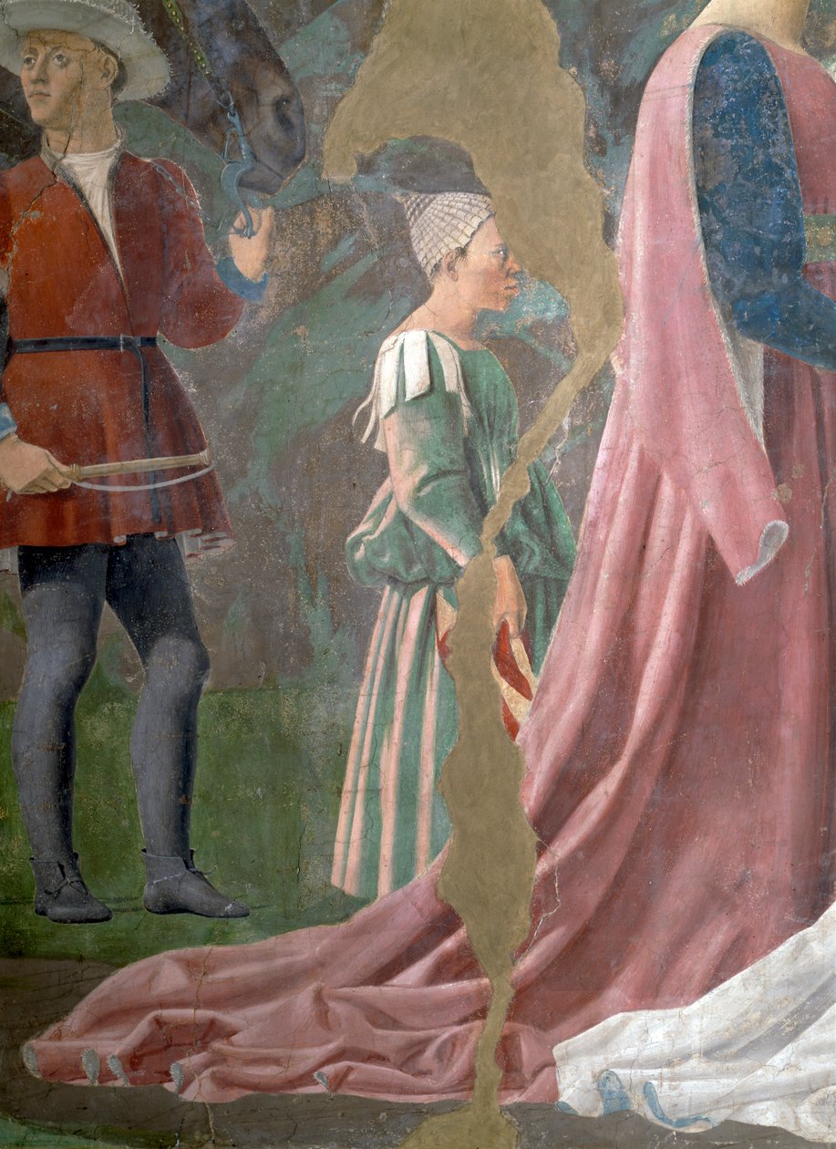 A Lenda da Verdadeira Cruz, a Rainha de Sabá Adorando o Bosque da Cruz, detalhe de um atendente, 1464 afresco concluído de Piero della Francesca
