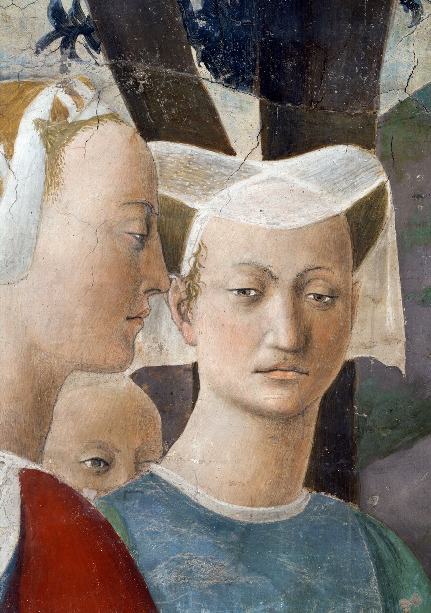 A Lenda da Verdadeira Cruz, a Rainha de Sabá Adorando o Bosque da Cruz, detalhe da rainha e um auxiliar, completou 1464 afrescos de Piero della Francesca