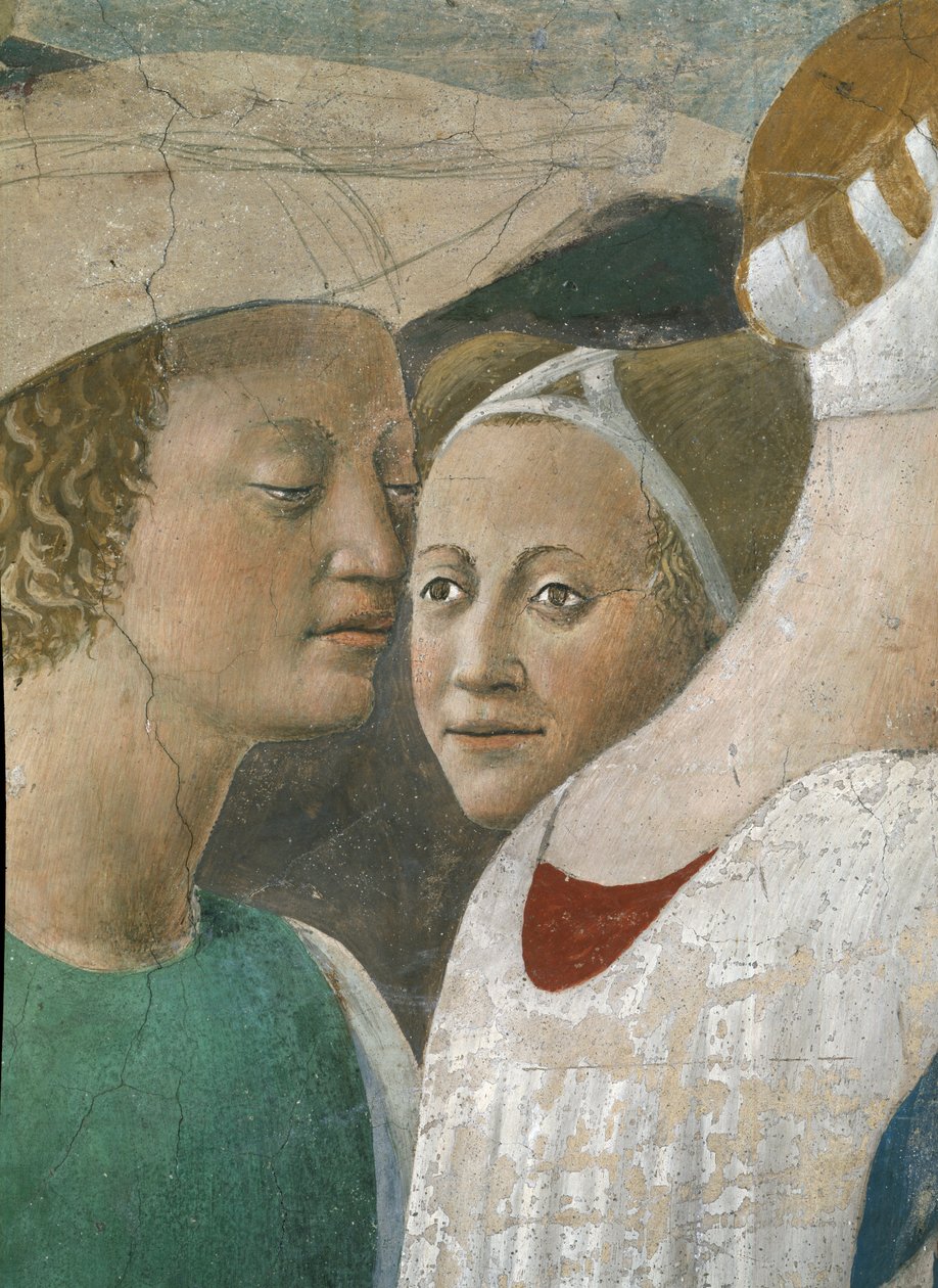 A Lenda da Verdadeira Cruz, a Rainha de Sabá Adorando o Bosque da Cruz, detalhe de dois atendentes, concluída 1464 afrescos de Piero della Francesca