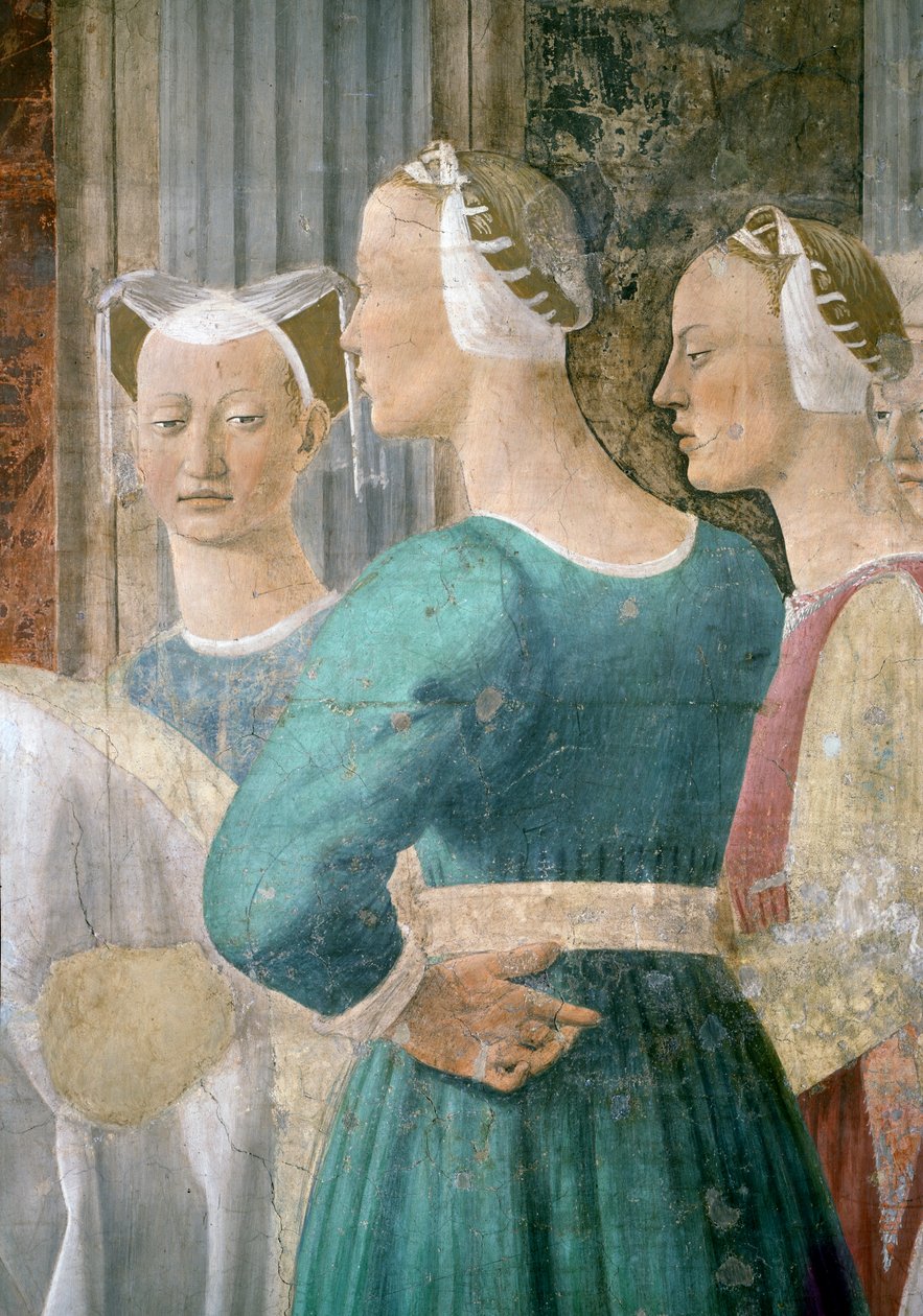 A Lenda da Verdadeira Cruz, a Rainha de Sabá Adorando o Bosque da Cruz, detalhe de três atendentes, completou 1464 afrescos de Piero della Francesca