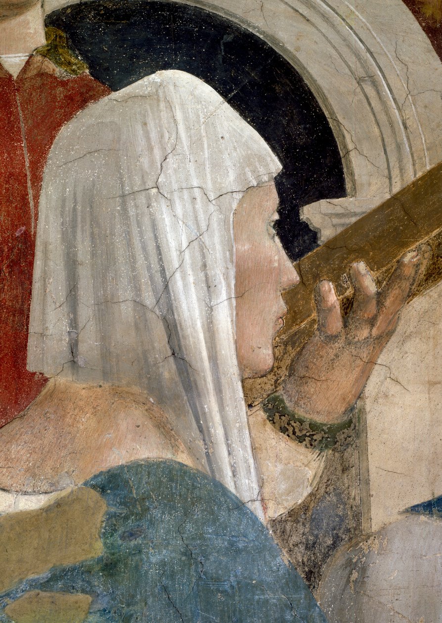 A Lenda da Verdadeira Cruz, a Verificação da Cruz, detalhe da Rainha de Sabá Beijando a Cruz, concluída em 1464 afrescos de Piero della Francesca