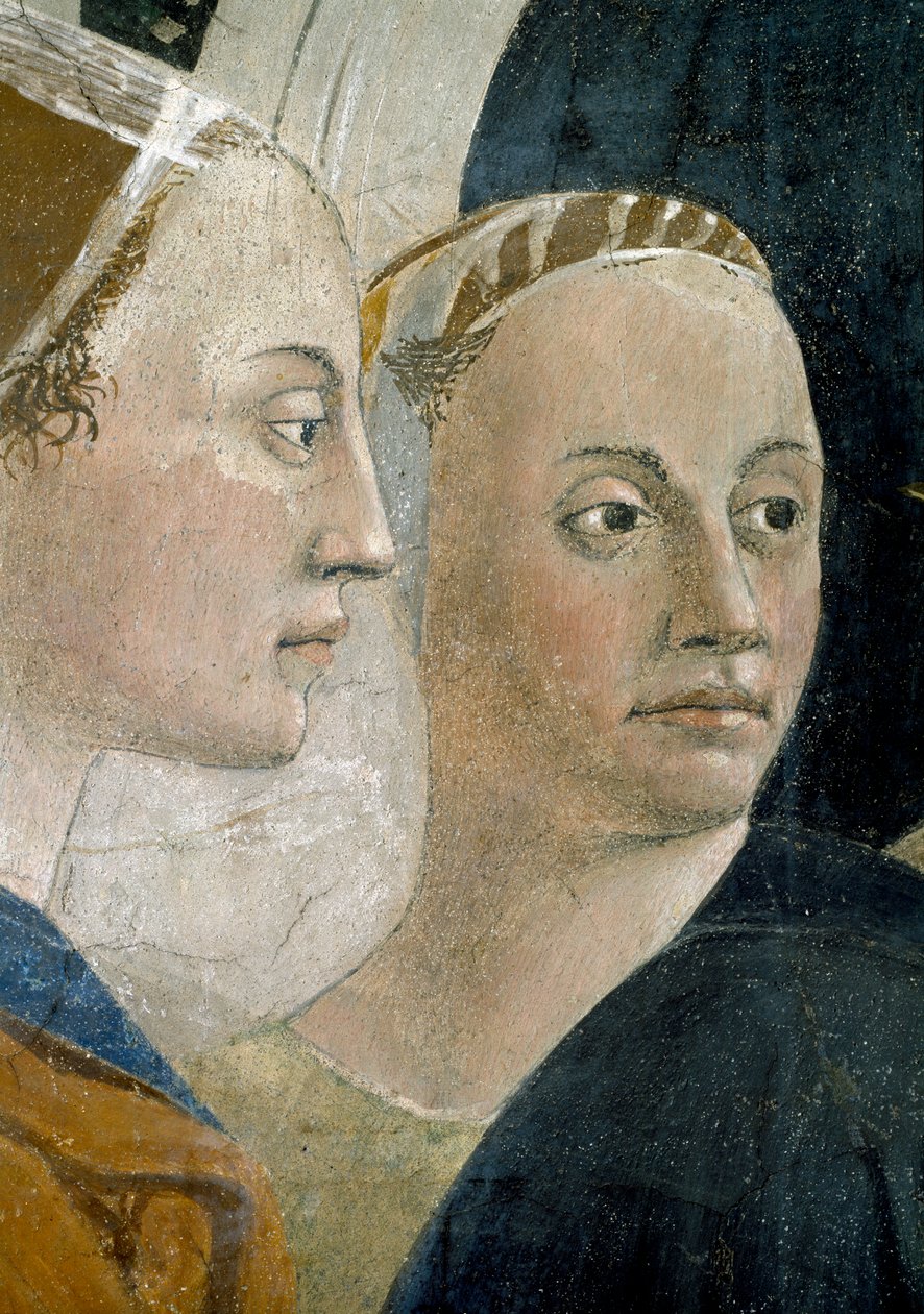 A Lenda da Verdadeira Cruz, a Verificação da Verdadeira Cruz, detalhe de atendentes, concluída 1464 afrescos de Piero della Francesca