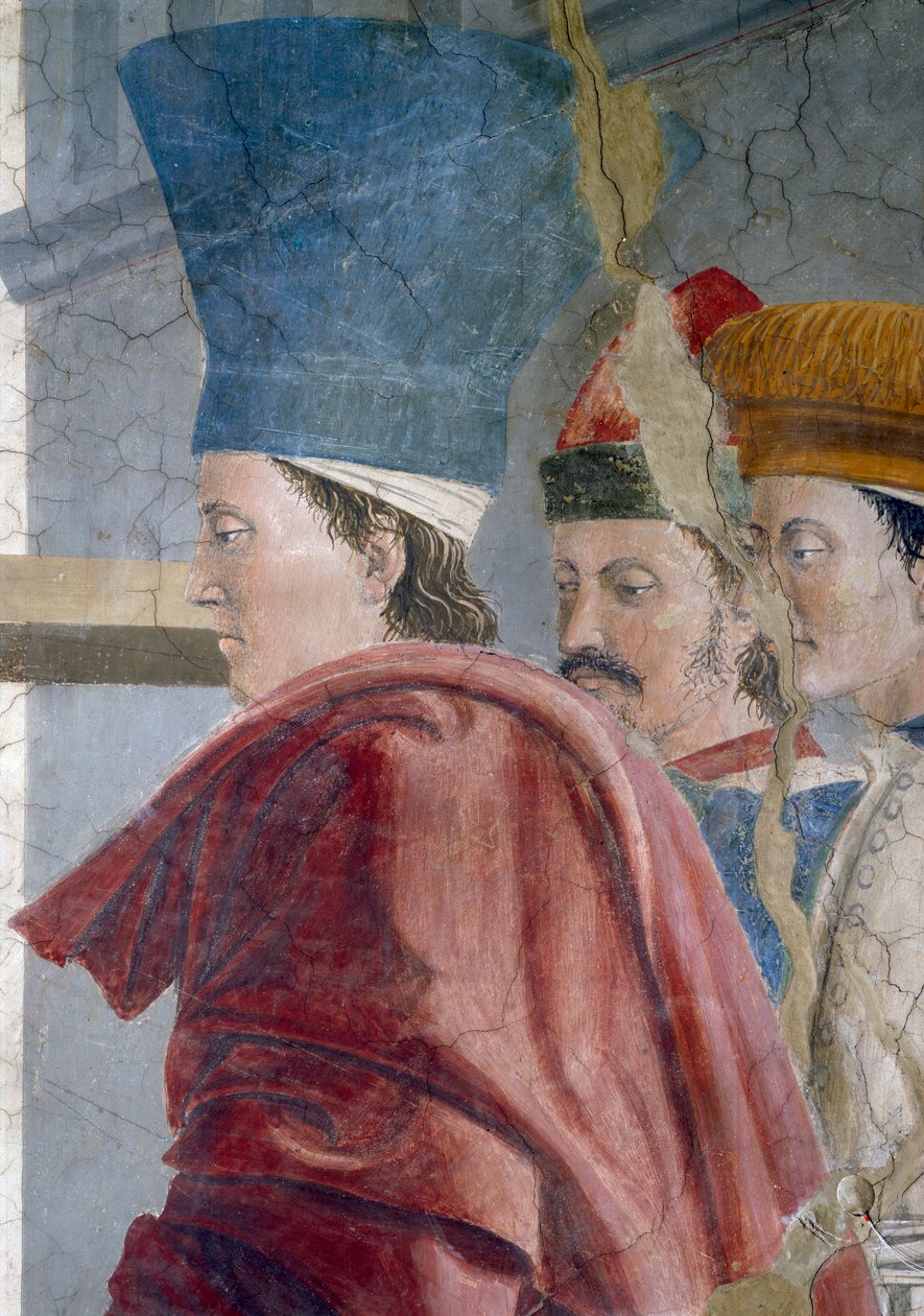 A Lenda da Verdadeira Cruz, a Verificação da Verdadeira Cruz, detalhe de três assistentes masculinos, completou 1464 afrescos de Piero della Francesca