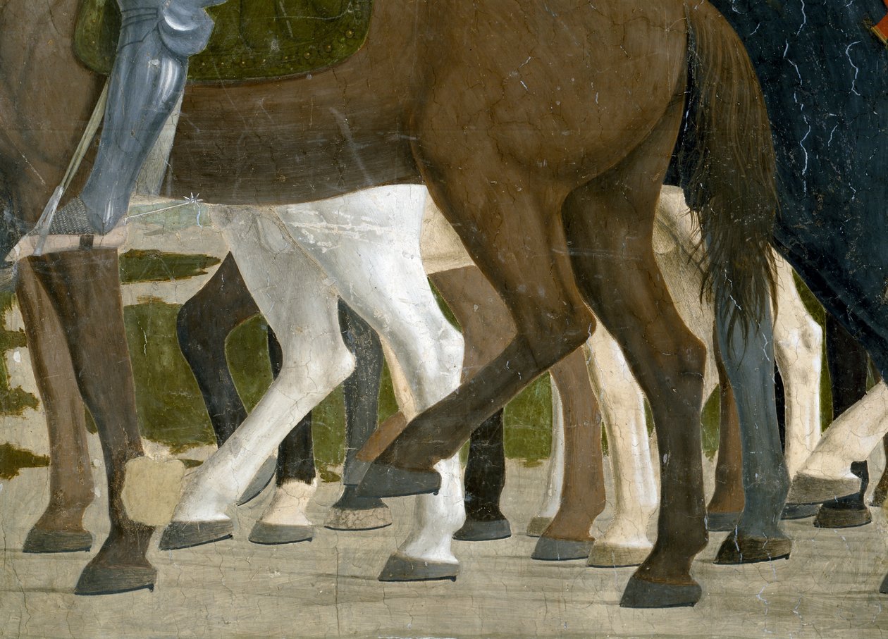 A lenda da verdadeira cruz, a vitória de Constantino na batalha da ponte de Milvian, detalhe dos pés de cavalos, completou 1464 afresco de Piero della Francesca