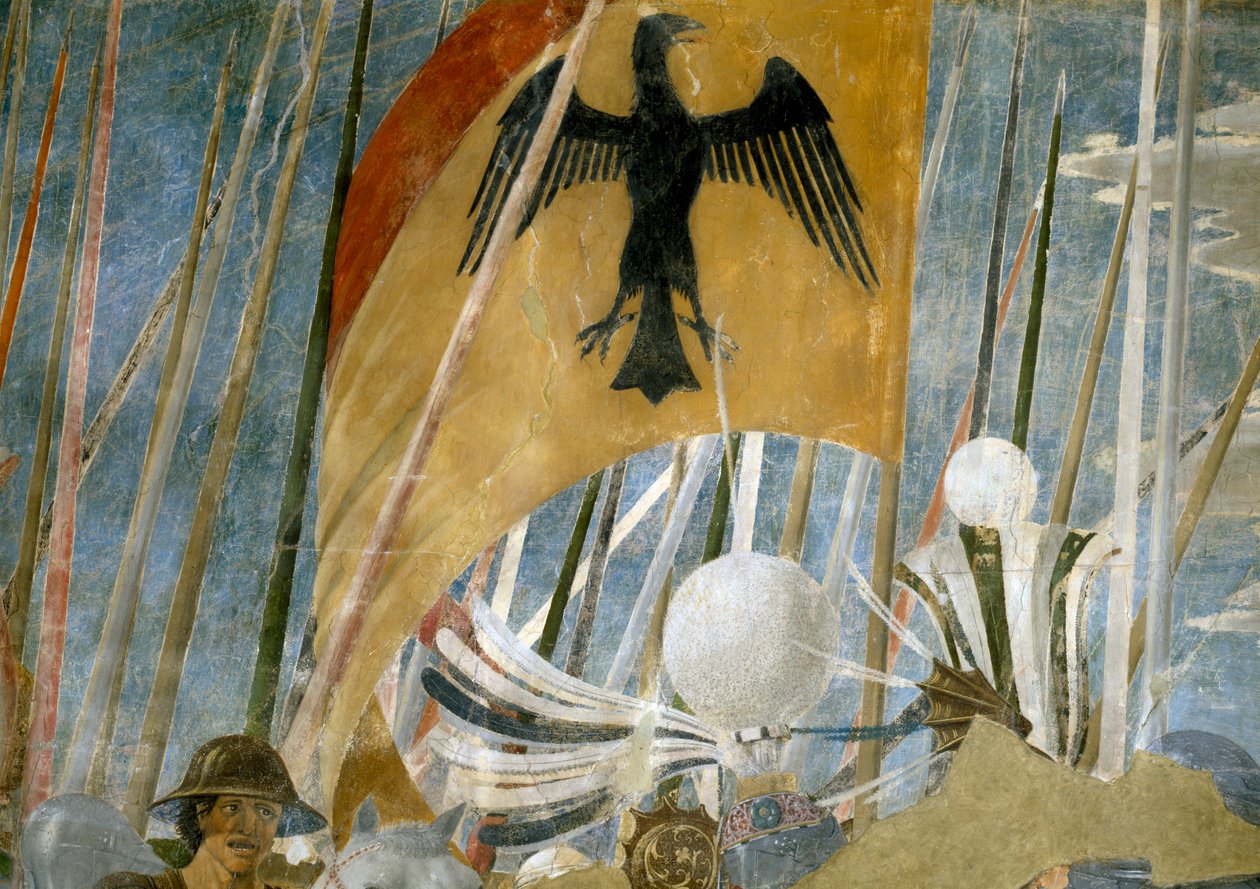 A lenda da verdadeira cruz, a vitória de Constantino na batalha da ponte de Milvian, detalhe da bandeira, concluída 1464 afresco de Piero della Francesca