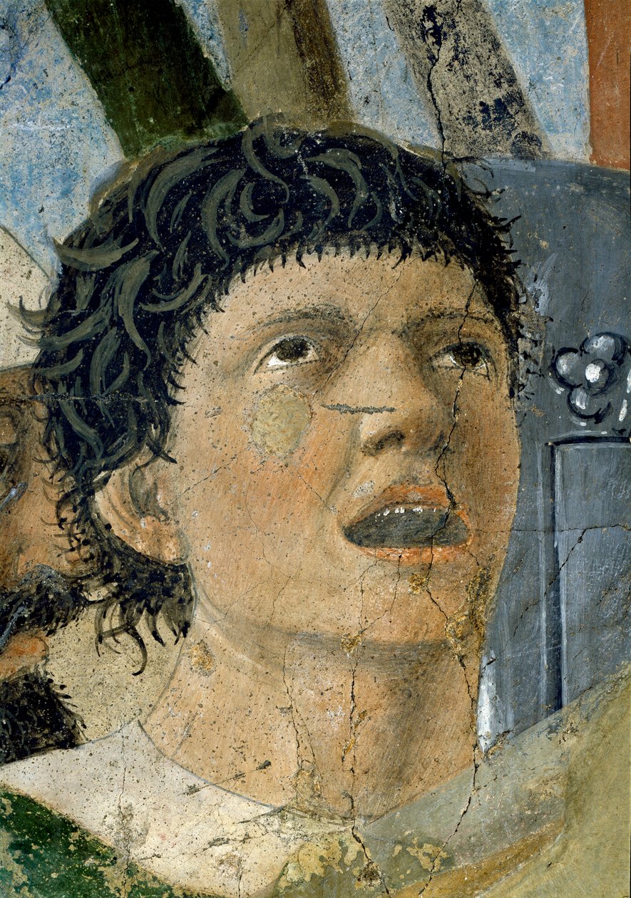 A Lenda da Verdadeira Cruz, a Vitória de Constantino na Batalha da Ponte Milviana, detalhe de um homem gritando, completou 1464 afrescos de Piero della Francesca