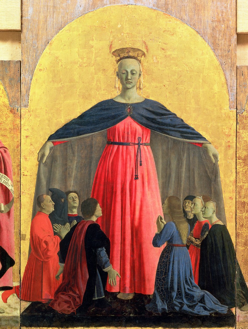 A Madona da Misericórdia, painel central do retábulo da Misericórdia, 1445 têmpera sobre detalhe do painel de 95884 de Piero della Francesca