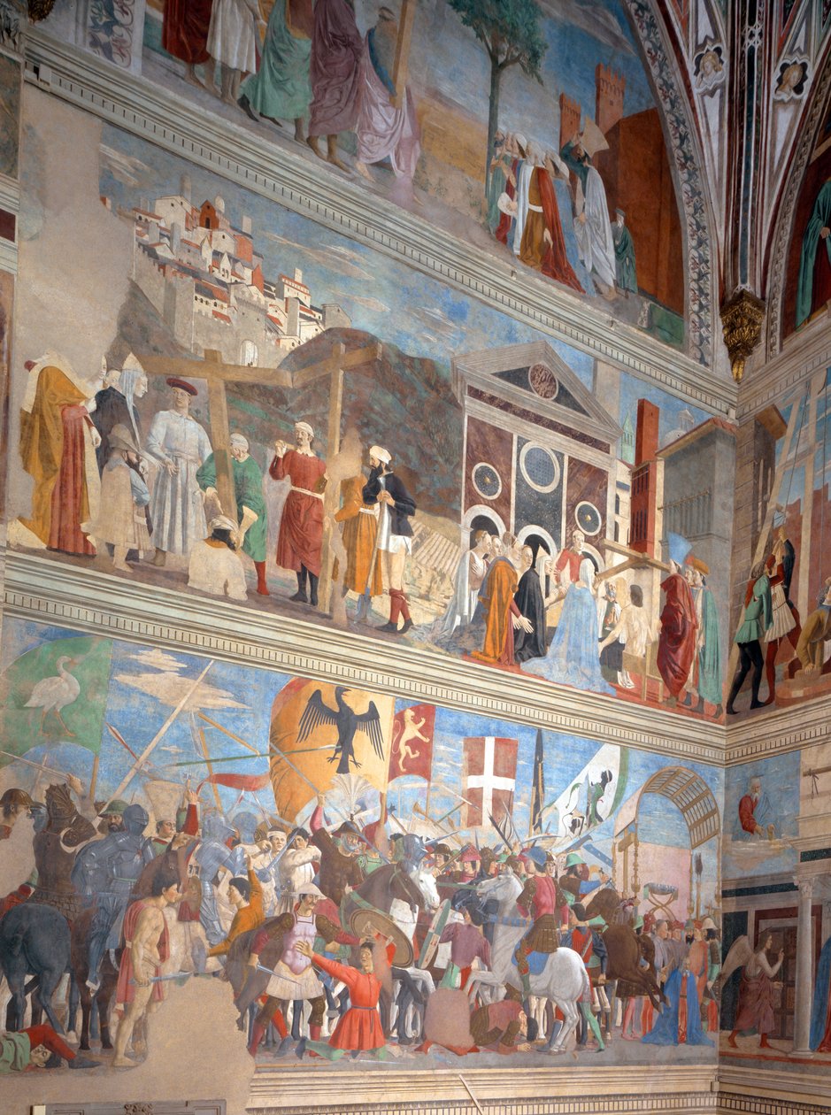 A Verificação da Verdadeira Cruz, A Vitória de Heráclio e a Execução de Chosroes em 628 dC, do ciclo Lenda da Verdadeira Cruz, completou 1464 (pós-restauração) de Piero della Francesca