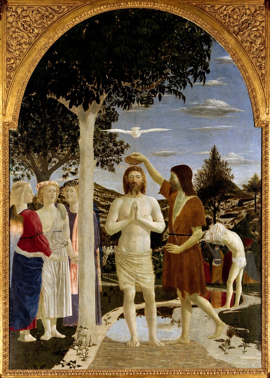O batismo de Cristo João Batista batiza Jesus enquanto outro homem atrás dele também se prepara para o batismo. O Espírito Santo acima de Cristo na forma da pomba e os discípulos da esquerda observando a cena. Fresco por Piero della Francesca (1410/1420- de Piero della Francesca