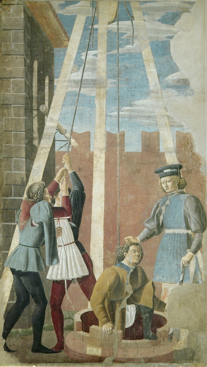 Tortura do judeu: Judas sendo tirado do Poço, do Verdadeiro Ciclo da Cruz, completado 1464 (fresco) de Piero della Francesca