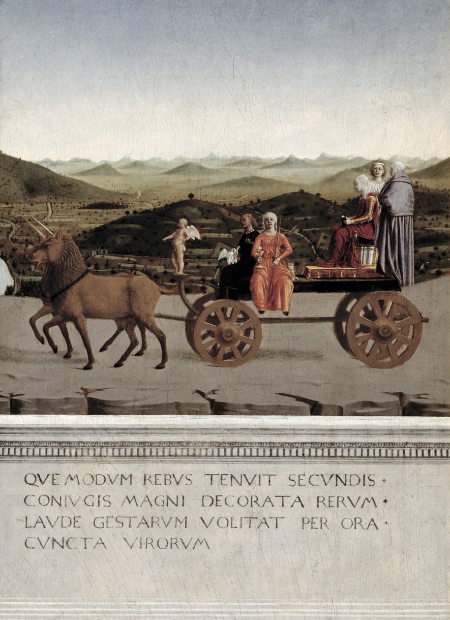 Triunfo de Battista Sforza, duquesa de Urbino. Battista e sua criada, duas virtudes teologais e uma freira são desenhadas em um carro triunfal por dois unicórnios marrons, depois de 1472 (têmpera no painel) (detalhe de Piero della Francesca