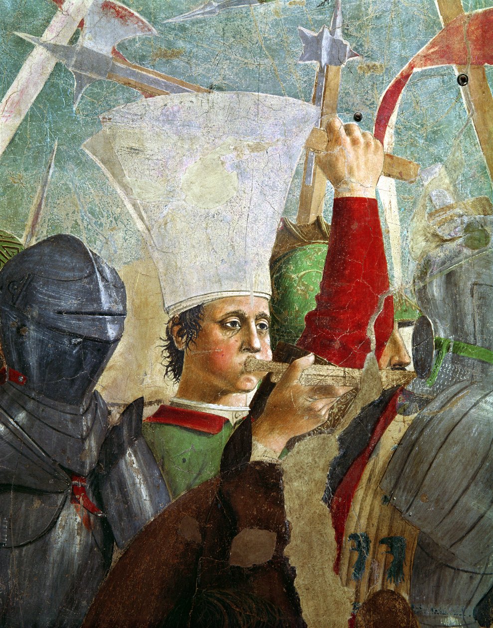 Trompetista, detalhe da Batalha de Heraclius e Chosroes, do ciclo Lenda da Verdadeira Cruz, completou 1464 de Piero della Francesca